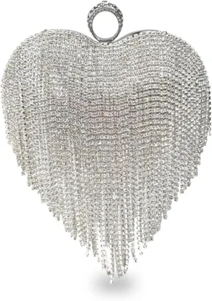 Bridal Wedding Purse Glitter Shoulder Crossbody Women Luxury Heart Shape Tassel Evening Clutch Rhinestone Handbag