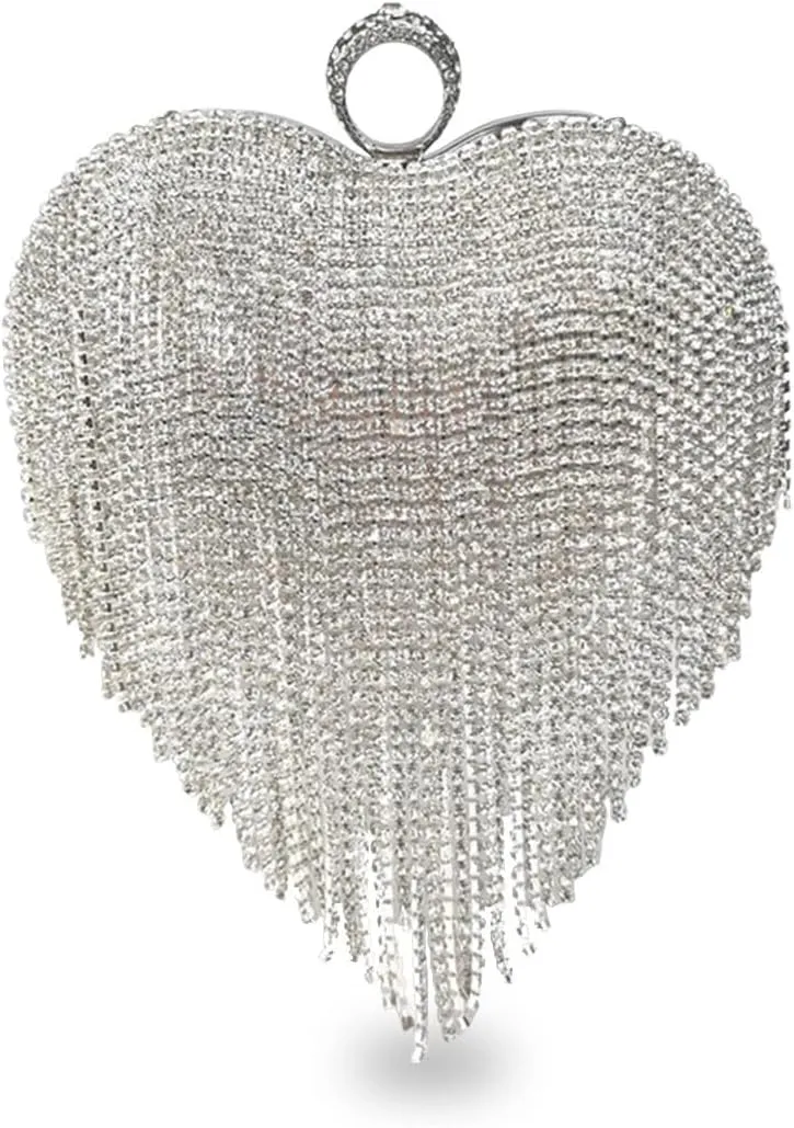 Bridal Wedding Purse Glitter Shoulder Crossbody Women Luxury Heart Shape Tassel Evening Clutch Rhinestone Handbag