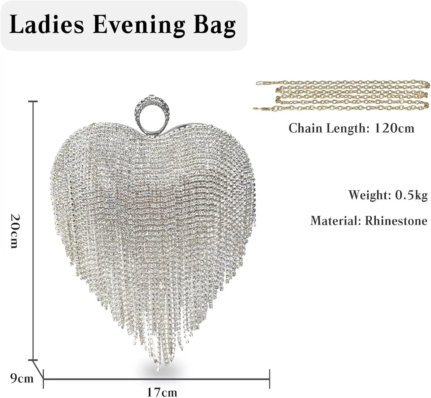 Bridal Wedding Purse Glitter Shoulder Crossbody Women Luxury Heart Shape Tassel Evening Clutch Rhinestone Handbag