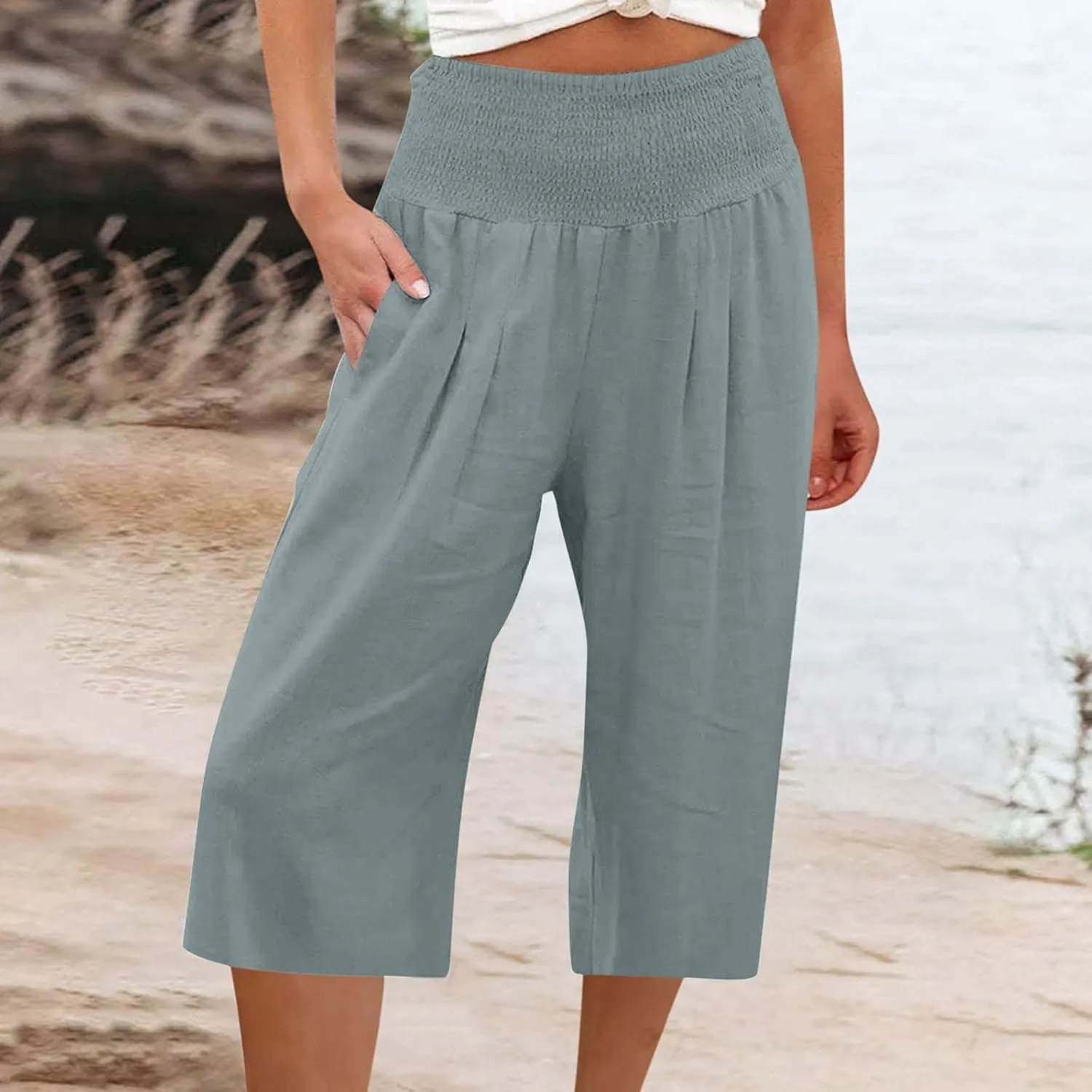 Capri Pants for Women High Waisted Wide Leg Linen Capris Summer Loose Elastic Trousers with Pockets