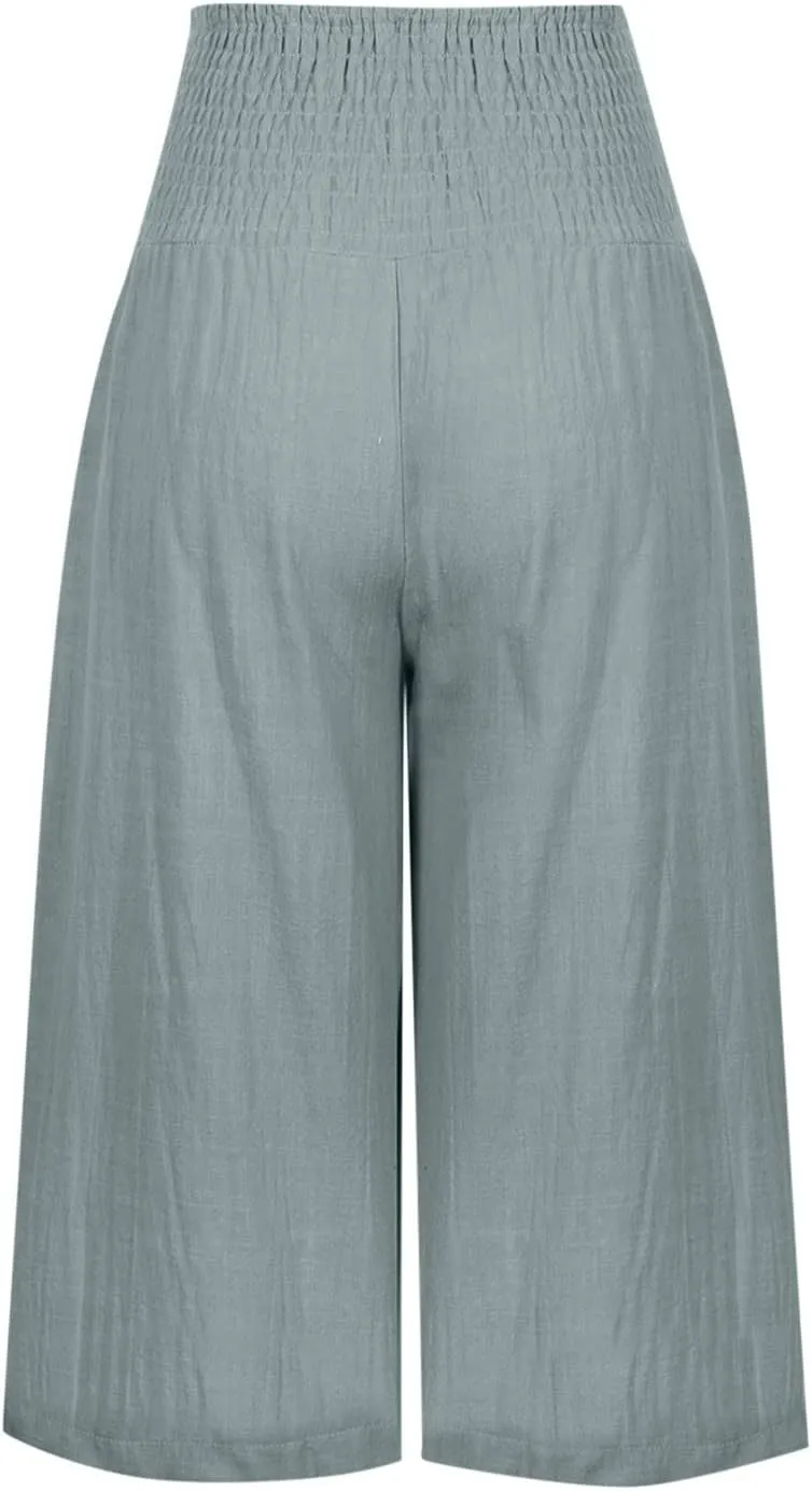 Capri Pants for Women High Waisted Wide Leg Linen Capris Summer Loose Elastic Trousers with Pockets