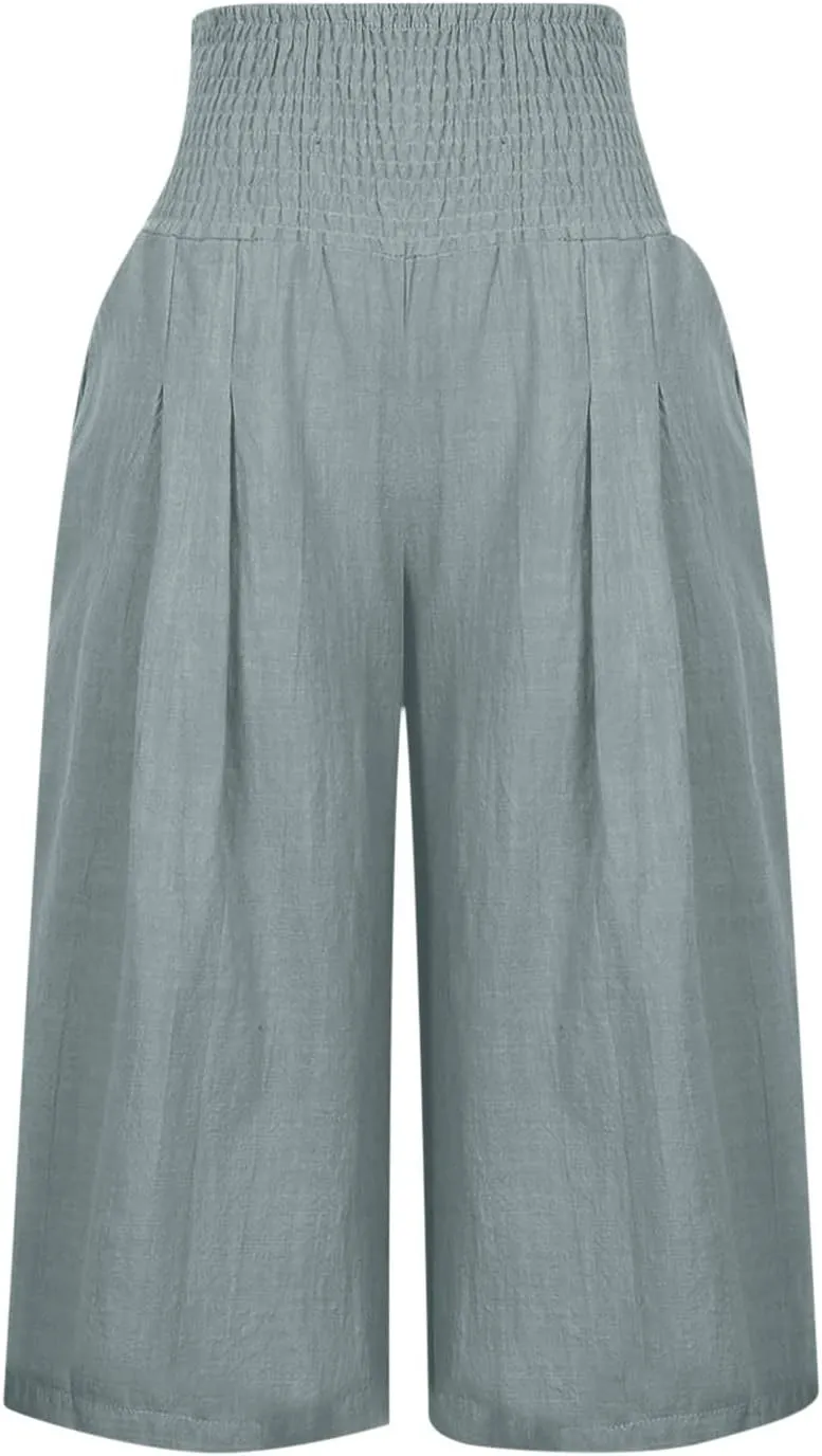 Capri Pants for Women High Waisted Wide Leg Linen Capris Summer Loose Elastic Trousers with Pockets