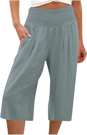 Capri Pants for Women High Waisted Wide Leg Linen Capris Summer Loose Elastic Trousers with Pockets