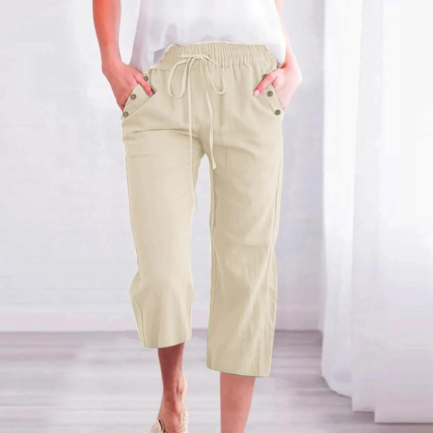 Capris Pants for Women Cotton Linen Summer 2025 Casual Straight Wide Leg Loose Drawstring Elastic Waist Cropped Trouser