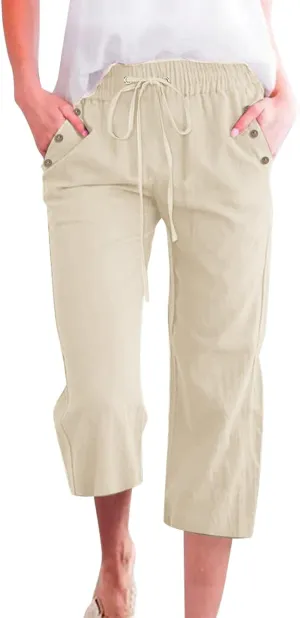Capris Pants for Women Cotton Linen Summer 2025 Casual Straight Wide Leg Loose Drawstring Elastic Waist Cropped Trouser