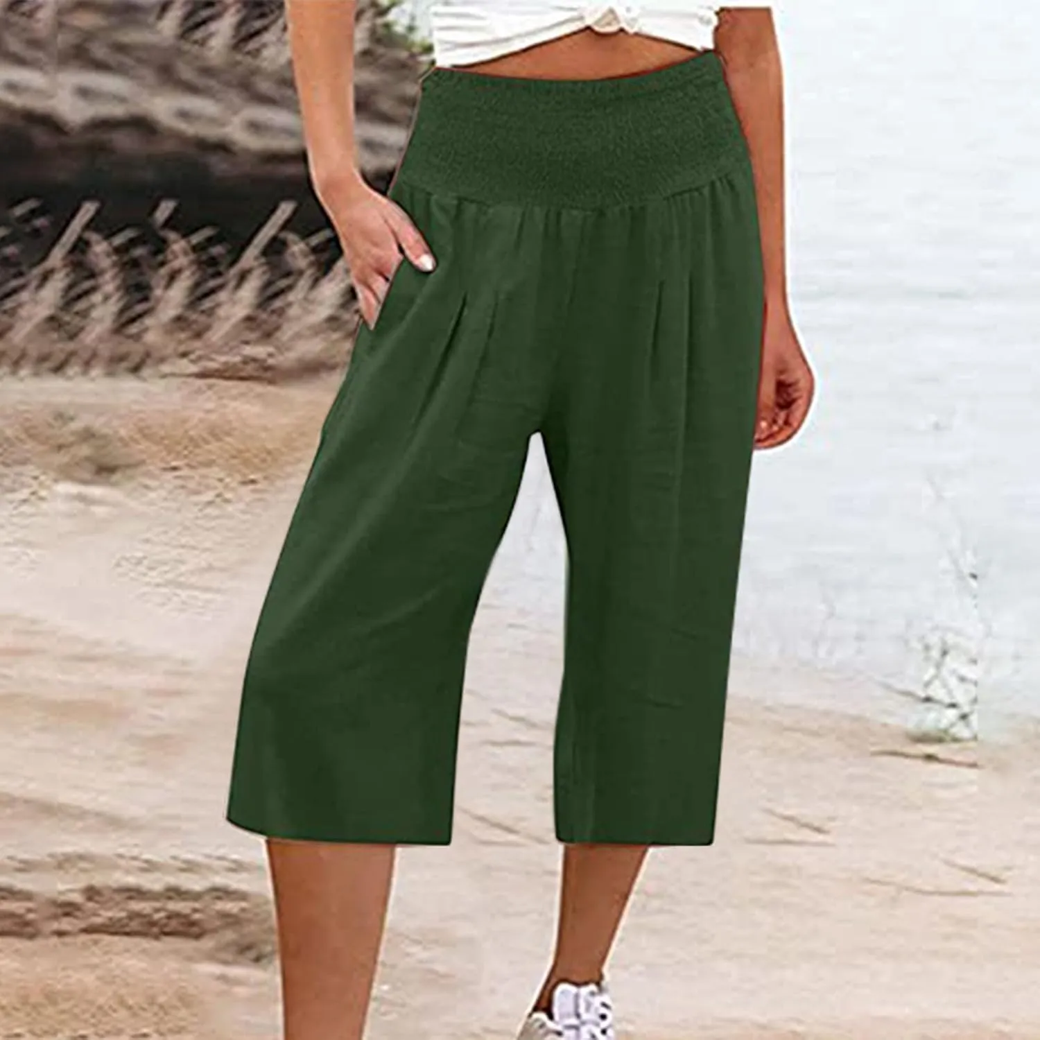 Capris Pants for Women Linen 2025 Casual Summer Straight Wide Leg Loose Smocked Elastic High Waist Cropped Trouser