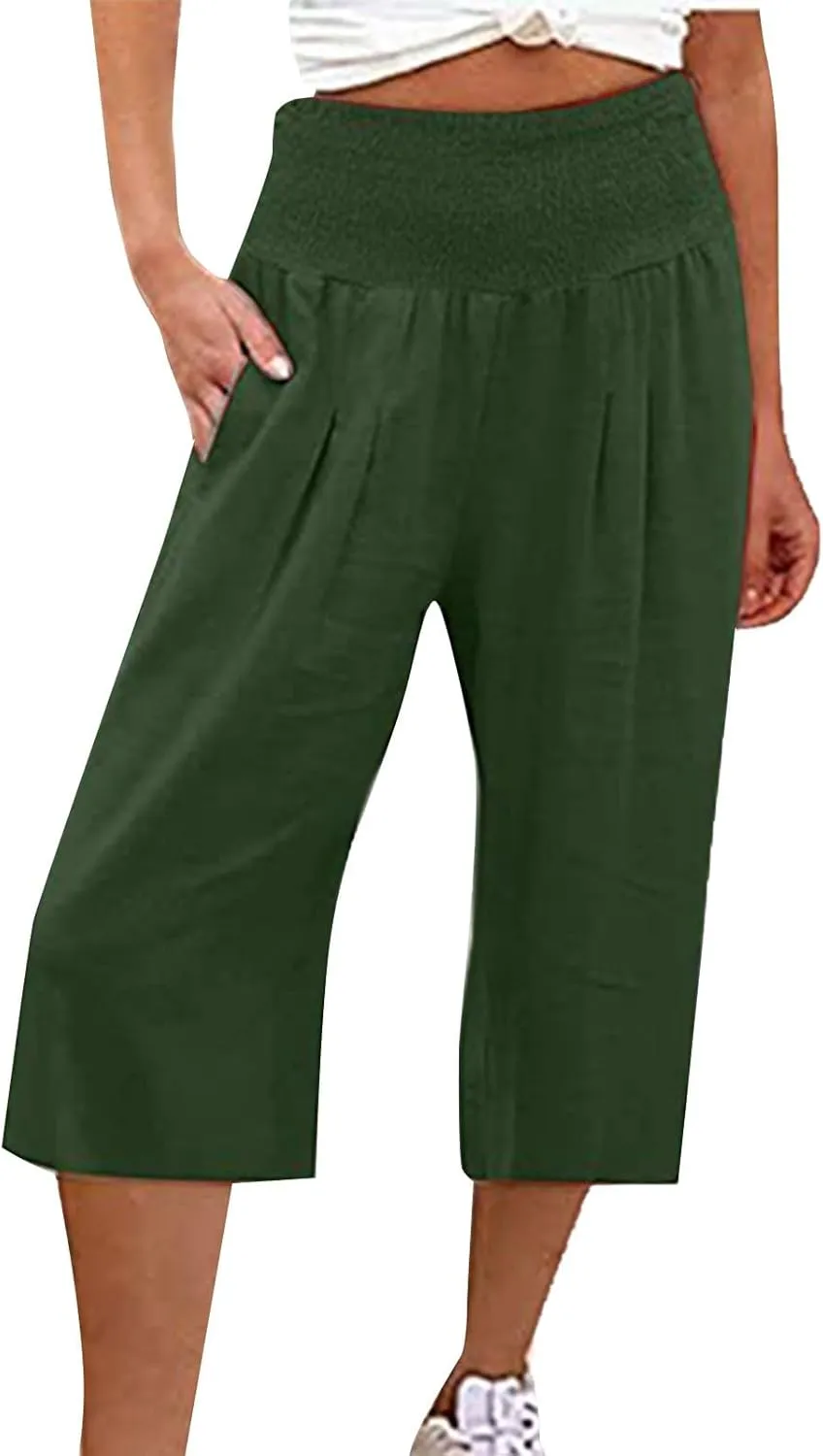 Capris Pants for Women Linen 2025 Casual Summer Straight Wide Leg Loose Smocked Elastic High Waist Cropped Trouser