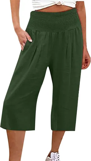 Capris Pants for Women Linen 2025 Casual Summer Straight Wide Leg Loose Smocked Elastic High Waist Cropped Trouser