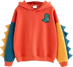 Casual Loose Color Block Long Sleeve Dinosaur Hoodies Pullover Tops Hooded Sweatshirt