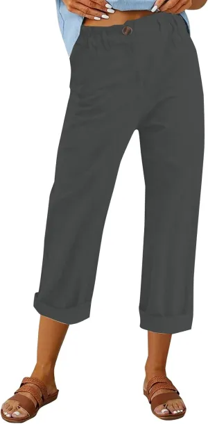 Casual Straight Leg Linen Pants for Women Lightweight Elastic Waist Lounge Pants Summer Beach Trousers with Pockets