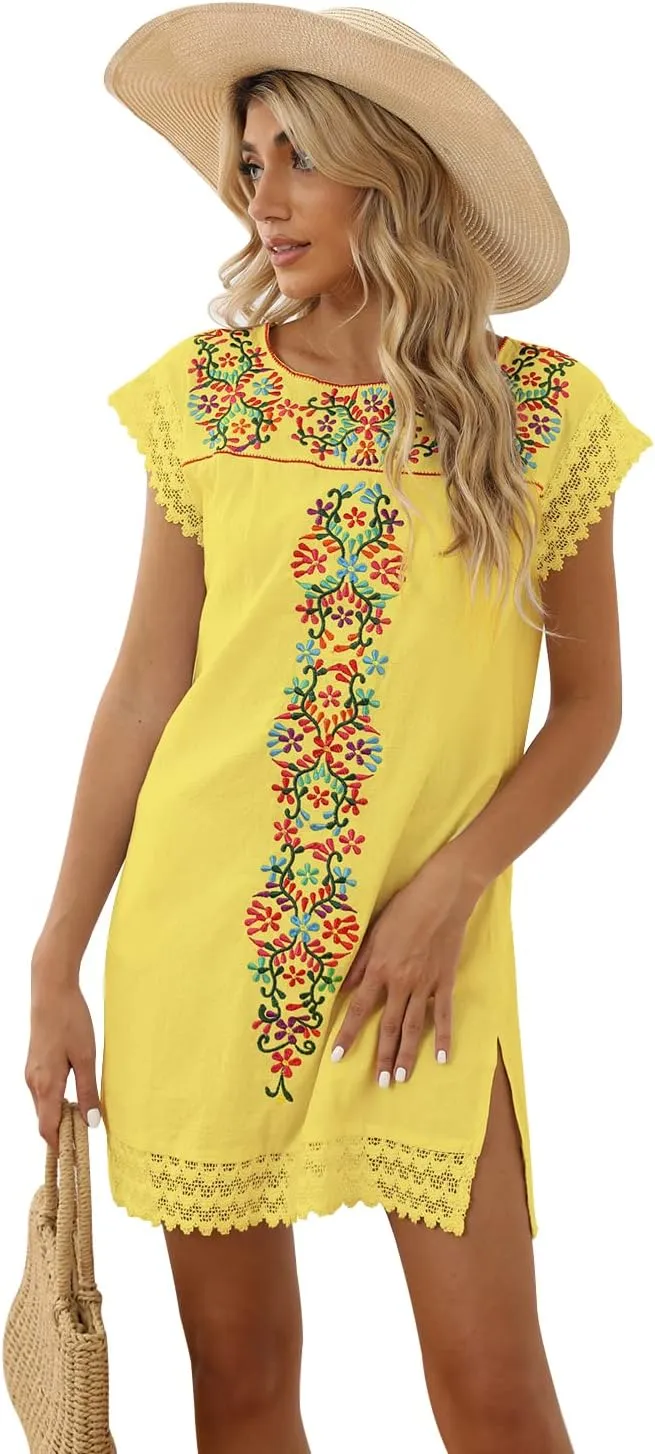 Casual Summer Dresses for Women Mexican Dress Peasant Midsommar Traditional Embroidered Ruffle Beach Coverup Black White