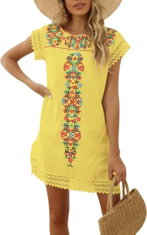 Casual Summer Dresses for Women Mexican Dress Peasant Midsommar Traditional Embroidered Ruffle Beach Coverup Black White
