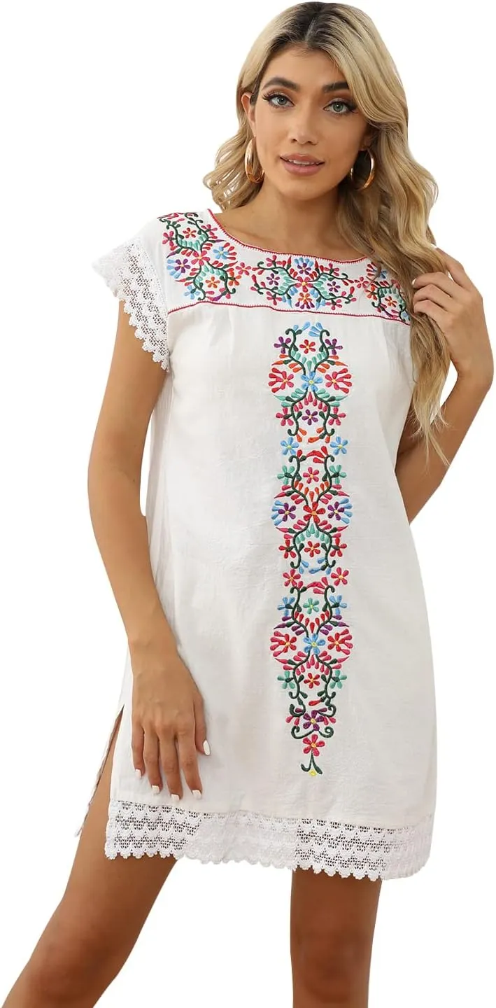 Casual Summer Dresses for Women Mexican Dress Peasant Midsommar Traditional Embroidered Ruffle Beach Coverup Black White
