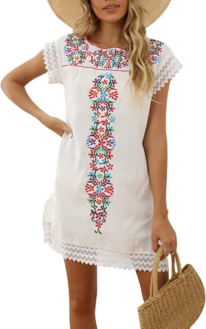Casual Summer Dresses for Women Mexican Dress Peasant Midsommar Traditional Embroidered Ruffle Beach Coverup Black White