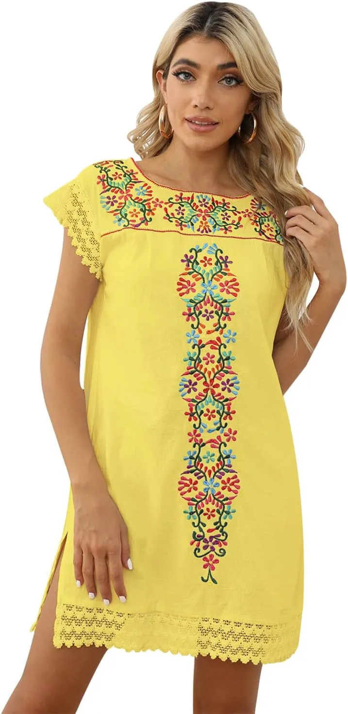 Casual Summer Dresses for Women Mexican Dress Peasant Midsommar Traditional Embroidered Ruffle Beach Coverup Black White
