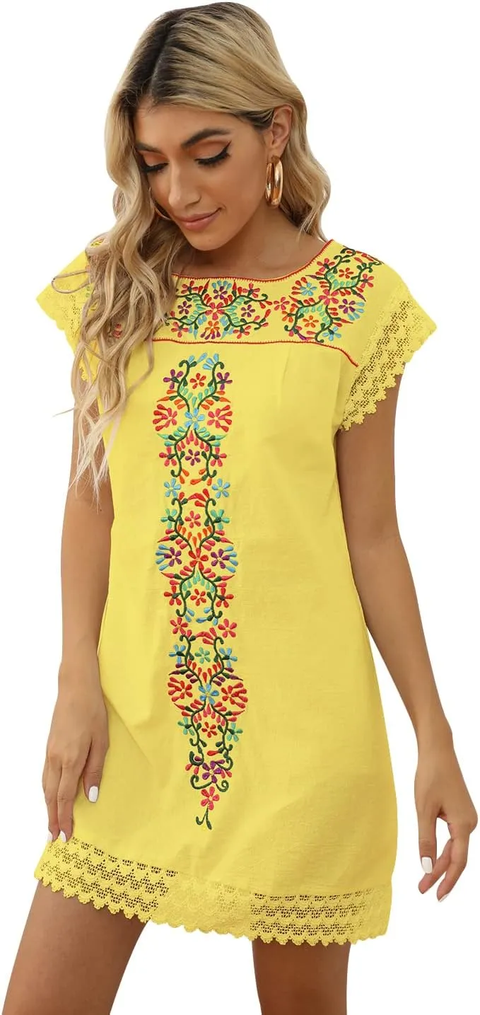 Casual Summer Dresses for Women Mexican Dress Peasant Midsommar Traditional Embroidered Ruffle Beach Coverup Black White