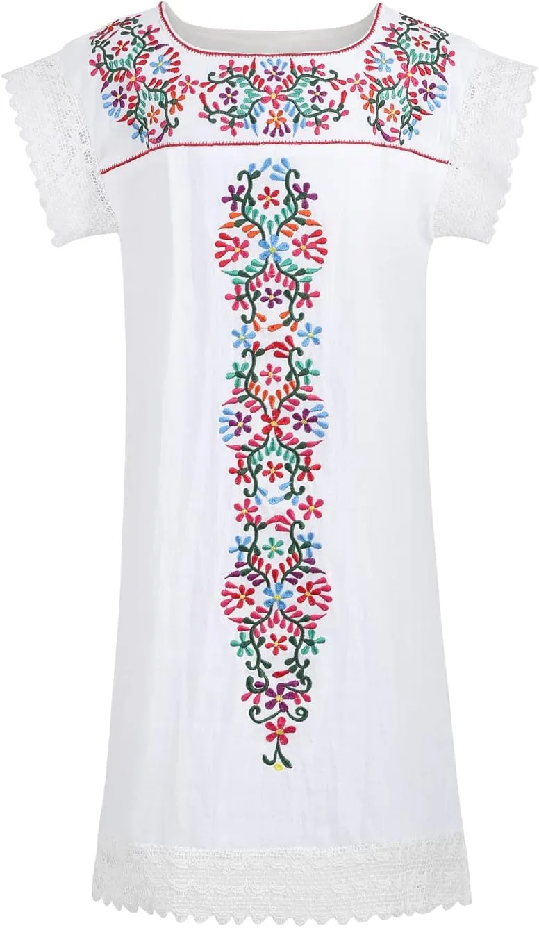 Casual Summer Dresses for Women Mexican Dress Peasant Midsommar Traditional Embroidered Ruffle Beach Coverup Black White
