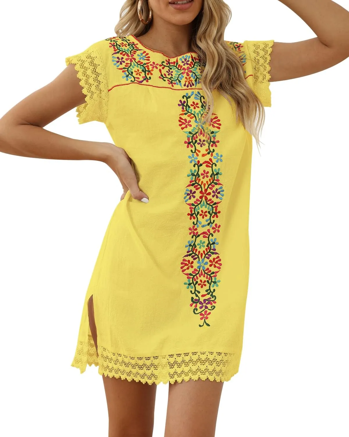 Casual Summer Dresses for Women Mexican Dress Peasant Midsommar Traditional Embroidered Ruffle Beach Coverup Black White