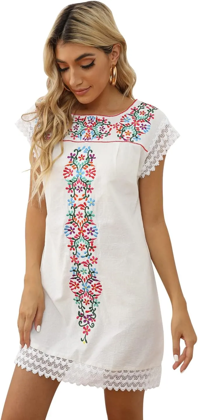 Casual Summer Dresses for Women Mexican Dress Peasant Midsommar Traditional Embroidered Ruffle Beach Coverup Black White