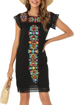 Casual Summer Dresses for Women Mexican Dress Peasant Midsommar Traditional Embroidered Ruffle Beach Coverup Black White