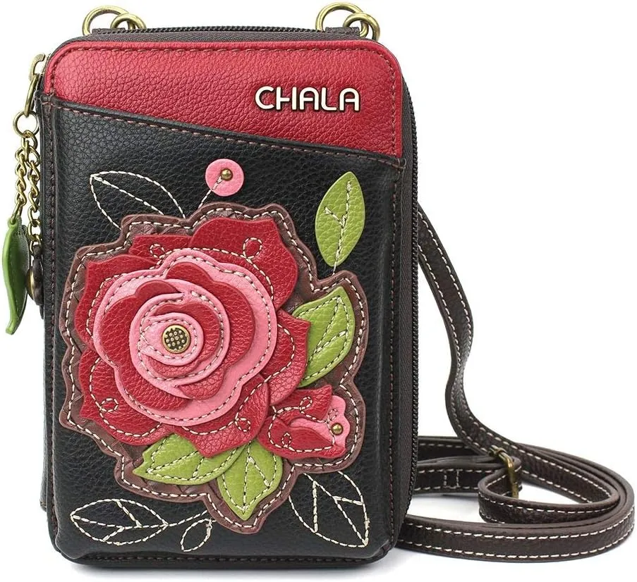 Chala Group Chala Handbags Red Rose Wallet Crossbody Handbag, Convertable Strap, 5.25 inchw x 7.5 inchh x 1.5 inchd, Burgundy