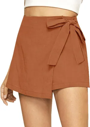 CHARTOU Wrap Skirt for Women Summer Linen Causal Mini Skirt Side Knot Boho Beach Skort Shorts