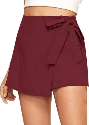 CHARTOU Wrap Skirt for Women Summer Linen Causal Mini Skirt Side Knot Boho Beach Skort Shorts