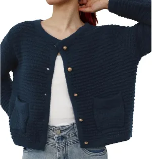 CHICWISH Women Waffle Knit Sweater Cardigan Open Front Button Crop Cardigan Long Sleeve Fall Casual Coat with Pockets