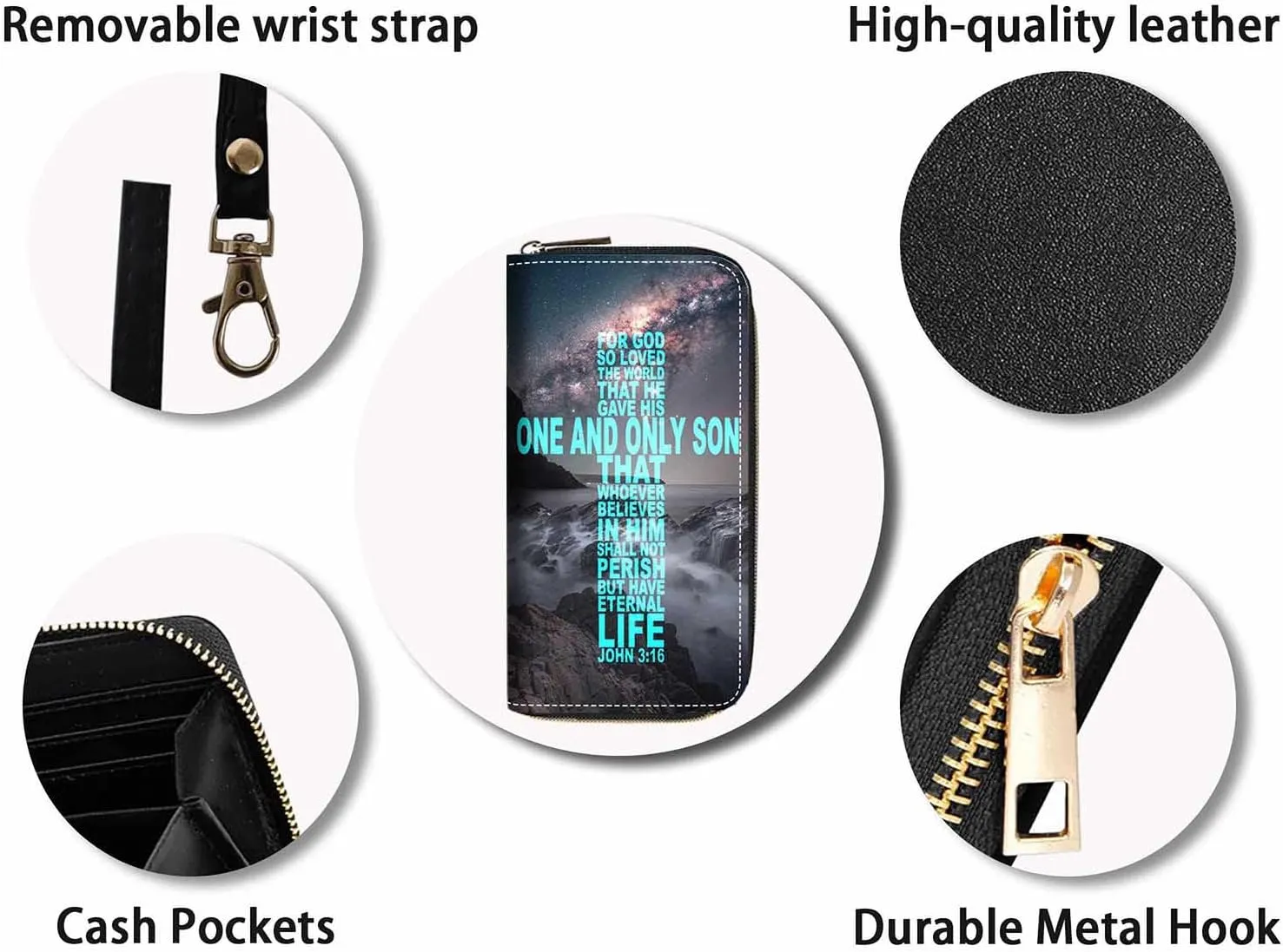 Christian Cross Bible Verse Quote John 3:16 Print Women Large Capacity Wallet PU Leather Zipper Clutch Purse for Smart Phone/Card/Coin/Cash