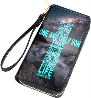 Christian Cross Bible Verse Quote John 3:16 Print Women Large Capacity Wallet PU Leather Zipper Clutch Purse for Smart Phone/Card/Coin/Cash