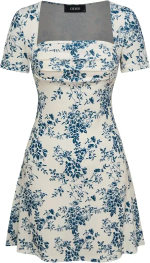 CIDER Square Neck Toile de Jouy Ruched Mini Dress