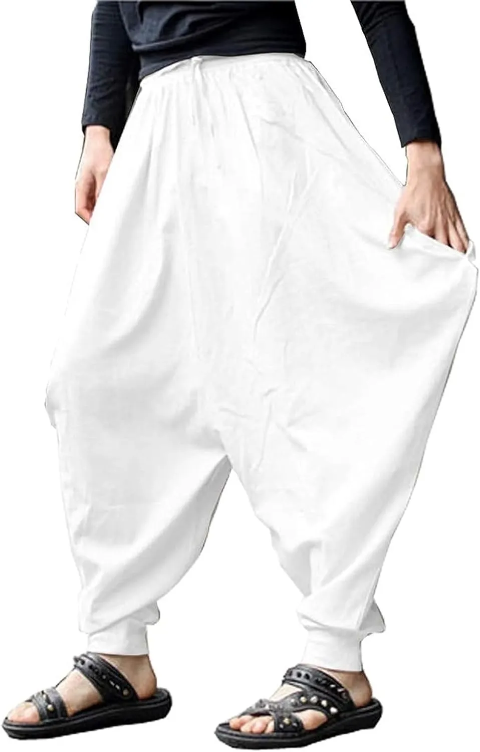 CLANMILUMS Men Women Harem Pants Elastic Drawstring Waist Loose Fit Hippie Boho Aladin Yoga Pants