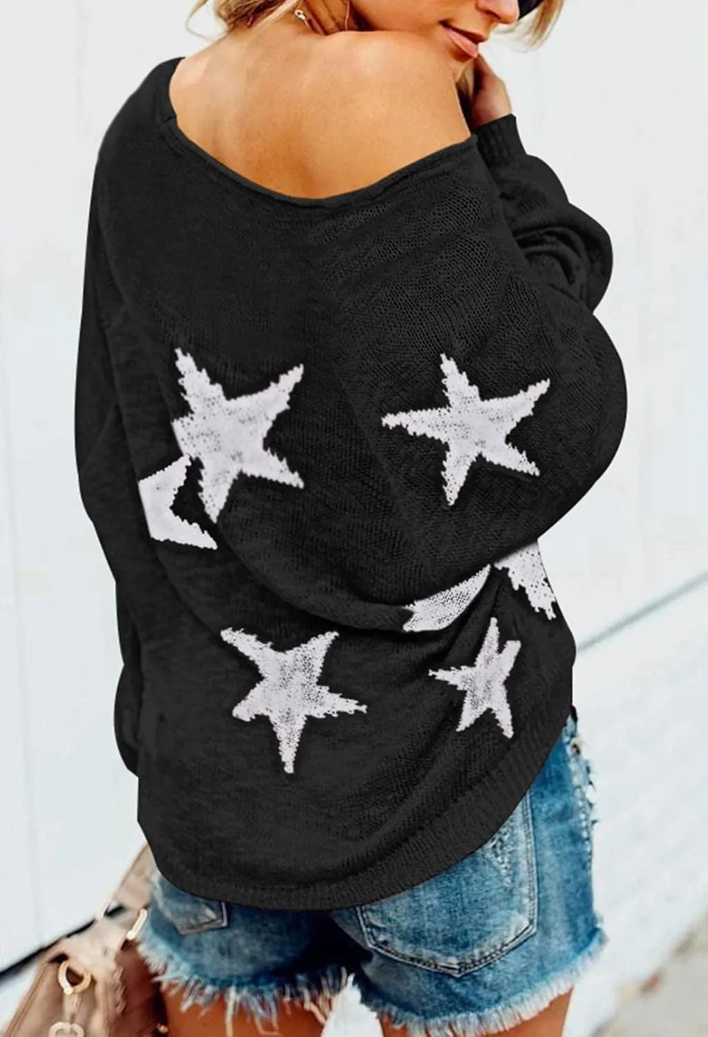 COCOLEGGINGS Women's Scoop Neck Long Sleeve Star Pullover Sweater Tunic Tops