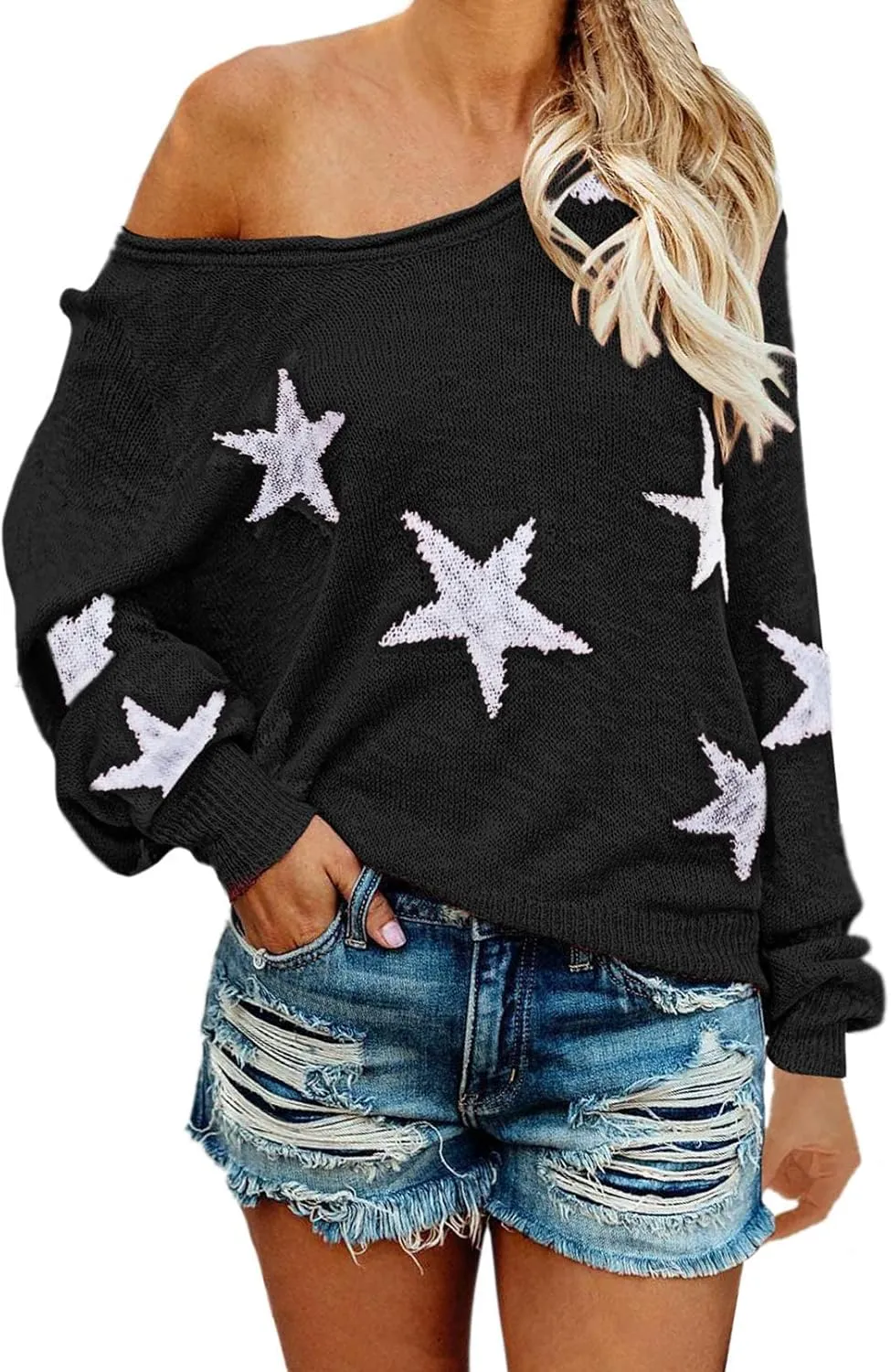 COCOLEGGINGS Women's Scoop Neck Long Sleeve Star Pullover Sweater Tunic Tops