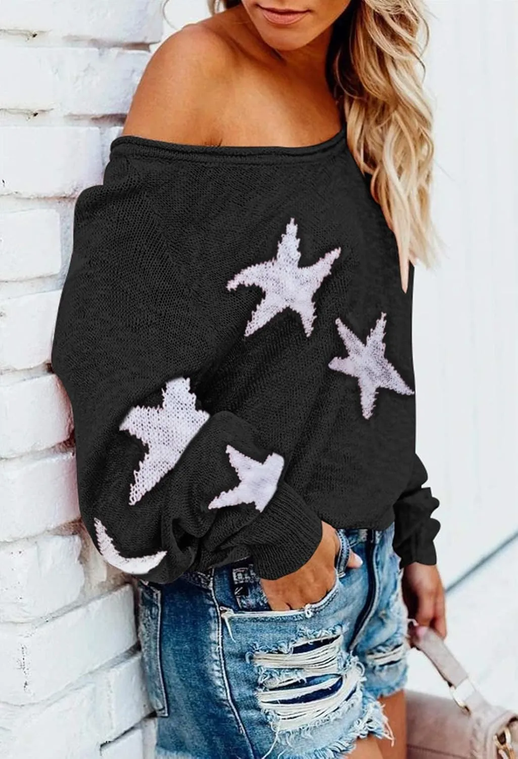 COCOLEGGINGS Women's Scoop Neck Long Sleeve Star Pullover Sweater Tunic Tops