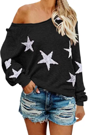 COCOLEGGINGS Women's Scoop Neck Long Sleeve Star Pullover Sweater Tunic Tops