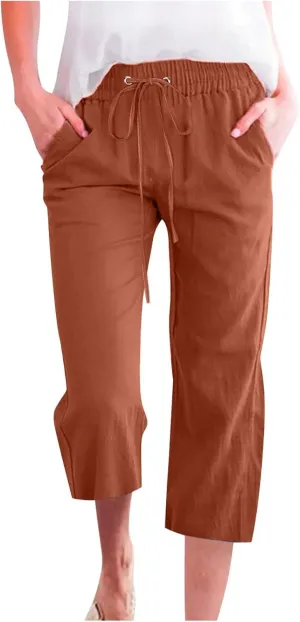 Cotton Linen Capri Pants for Women High Waist Cropped Pant Tie Knot Wide Leg Slacks Summer Beach Palazzo Trousers