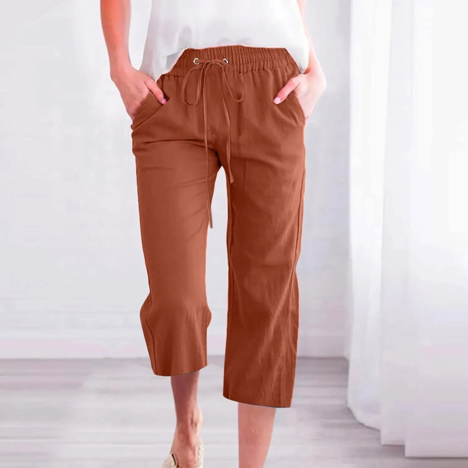 Cotton Linen Capri Pants for Women High Waist Cropped Pant Tie Knot Wide Leg Slacks Summer Beach Palazzo Trousers
