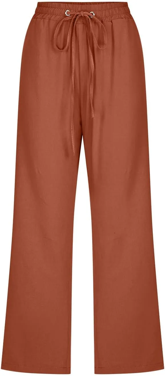 Cotton Linen Capri Pants for Women High Waist Cropped Pant Tie Knot Wide Leg Slacks Summer Beach Palazzo Trousers