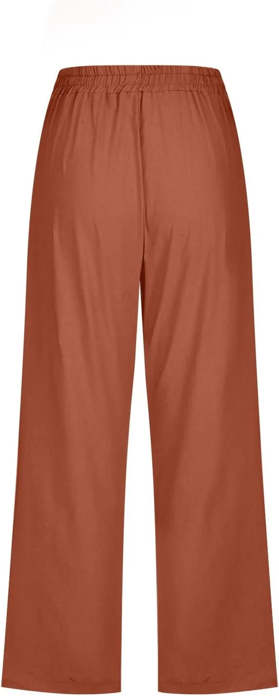 Cotton Linen Capri Pants for Women High Waist Cropped Pant Tie Knot Wide Leg Slacks Summer Beach Palazzo Trousers