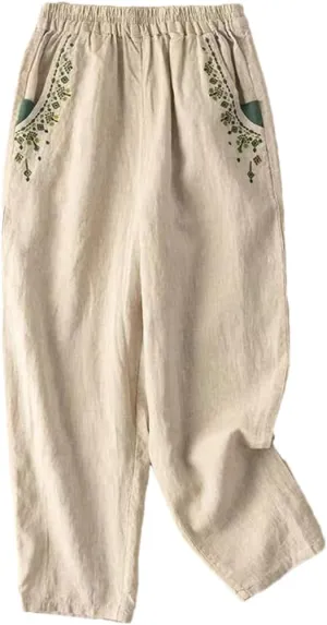 Cotton Linen Embroidered Radish Pants Female High Waist Loose Casual Nine-Point Harem Pants