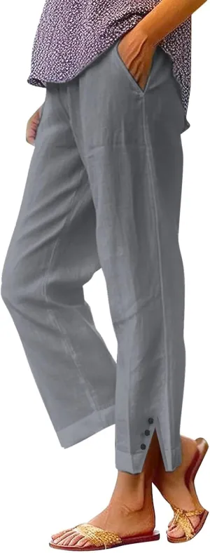 Cotton Linen Pants for Women Elastic High Waist Straight Leg Lounge Pants Summer Casual Slacks Trousers with Pockets
