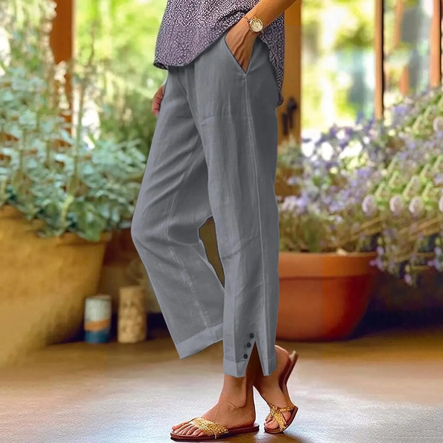 Cotton Linen Pants for Women Elastic High Waist Straight Leg Lounge Pants Summer Casual Slacks Trousers with Pockets