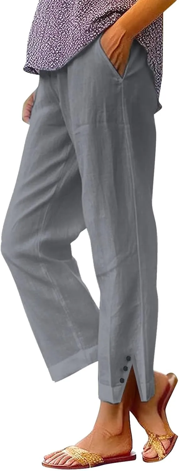 Cotton Linen Pants for Women Elastic High Waist Straight Leg Lounge Pants Summer Casual Slacks Trousers with Pockets