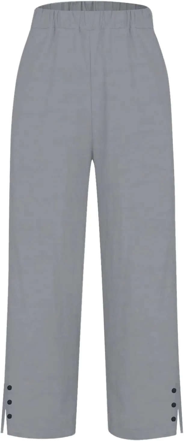 Cotton Linen Pants for Women Elastic High Waist Straight Leg Lounge Pants Summer Casual Slacks Trousers with Pockets