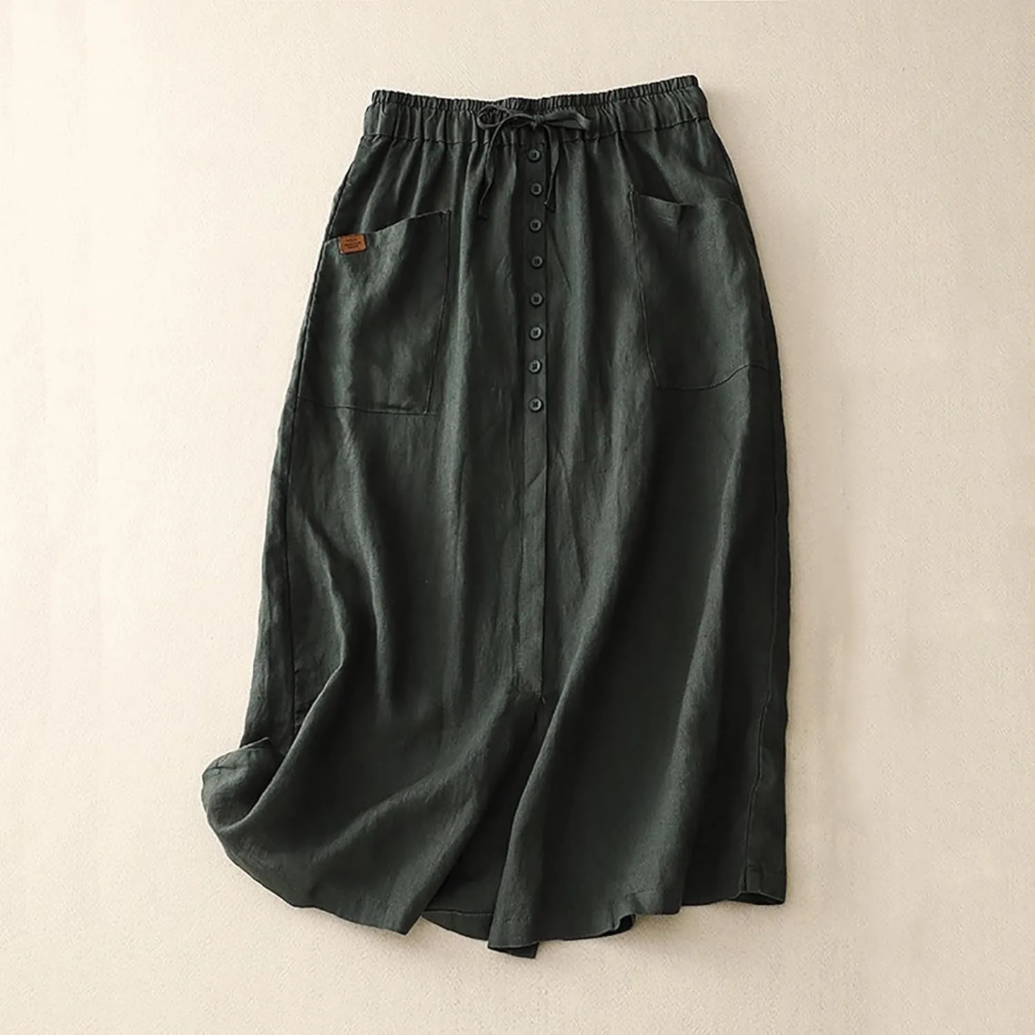 Cotton Linen Skirts for Women Summer Flowy Beach Skirt Casual Drawstring High Waist Button Slit A Line Midi Skirts