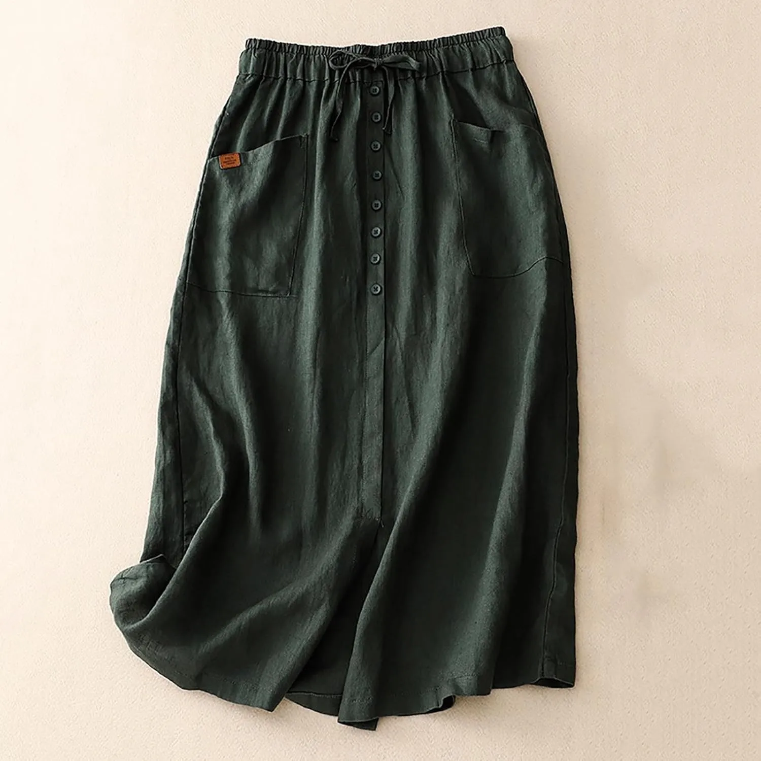 Cotton Linen Skirts for Women Summer Flowy Beach Skirt Casual Drawstring High Waist Button Slit A Line Midi Skirts