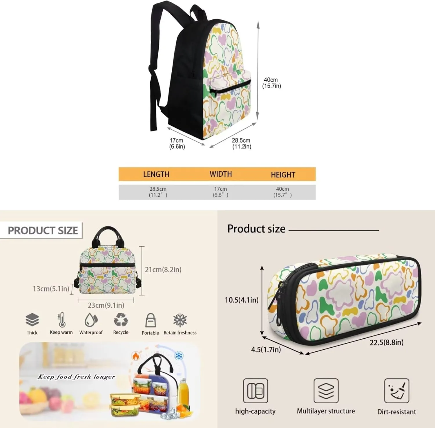 Cow Print School Backpack and Lunch Box Set for Boys 5-8 Kids Backpack Set Multi-pockets Portable Rucksack Thermal Reusable Meal Box Pencil Case for Students