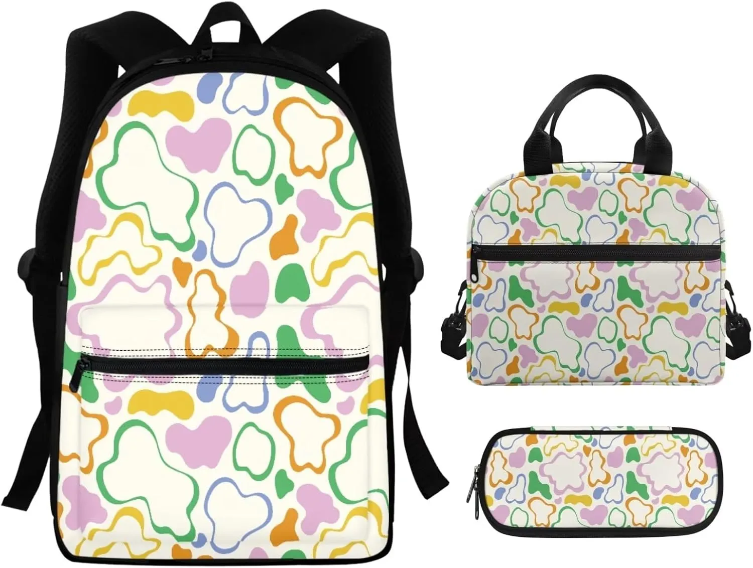 Cow Print School Backpack and Lunch Box Set for Boys 5-8 Kids Backpack Set Multi-pockets Portable Rucksack Thermal Reusable Meal Box Pencil Case for Students
