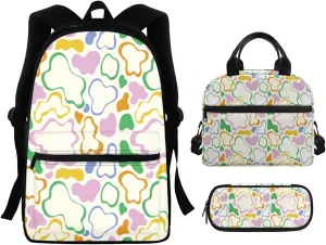 Cow Print School Backpack and Lunch Box Set for Boys 5-8 Kids Backpack Set Multi-pockets Portable Rucksack Thermal Reusable Meal Box Pencil Case for Students